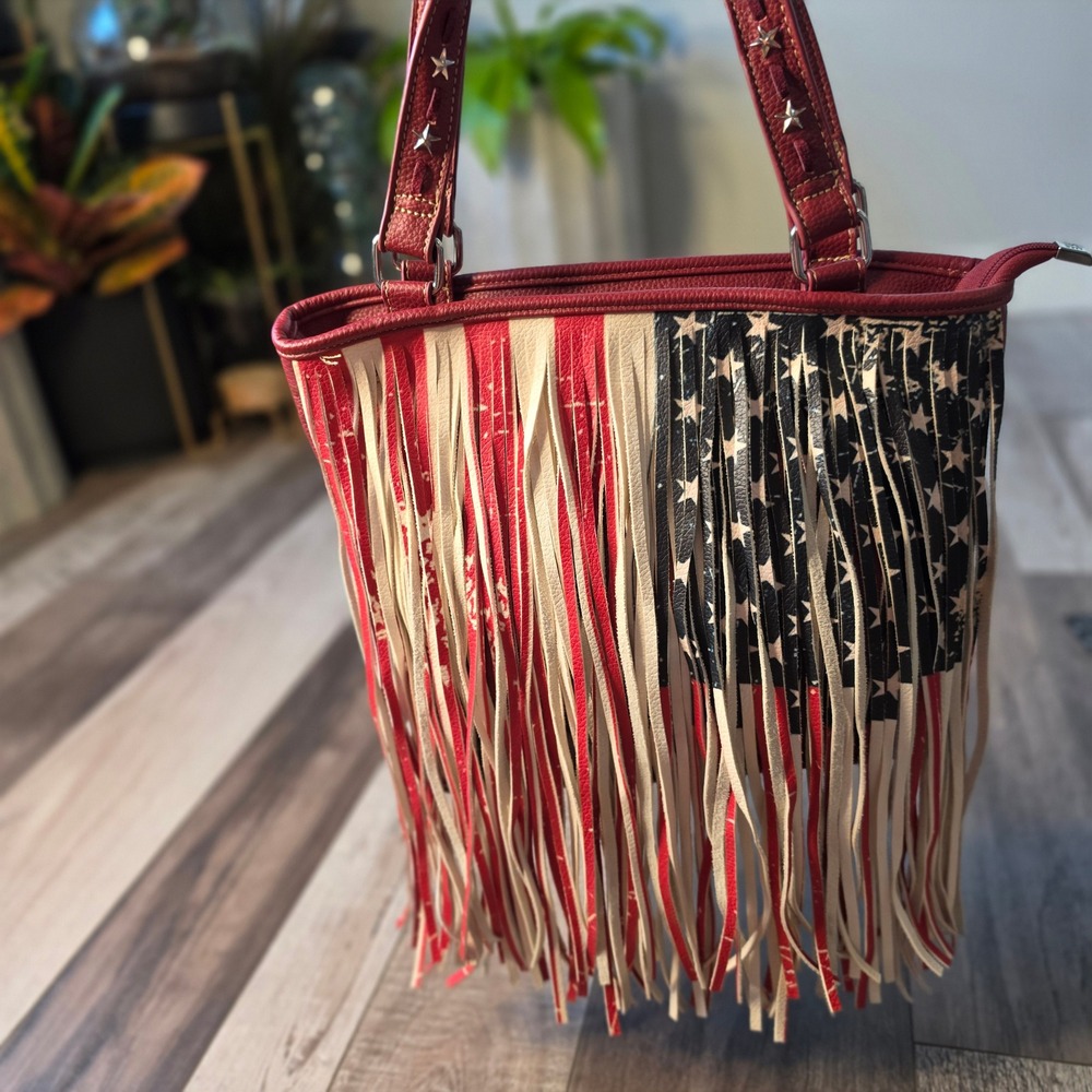 Montana West Concealed Carry Tote Bag American Flag Fringe Western Purse Red CCW